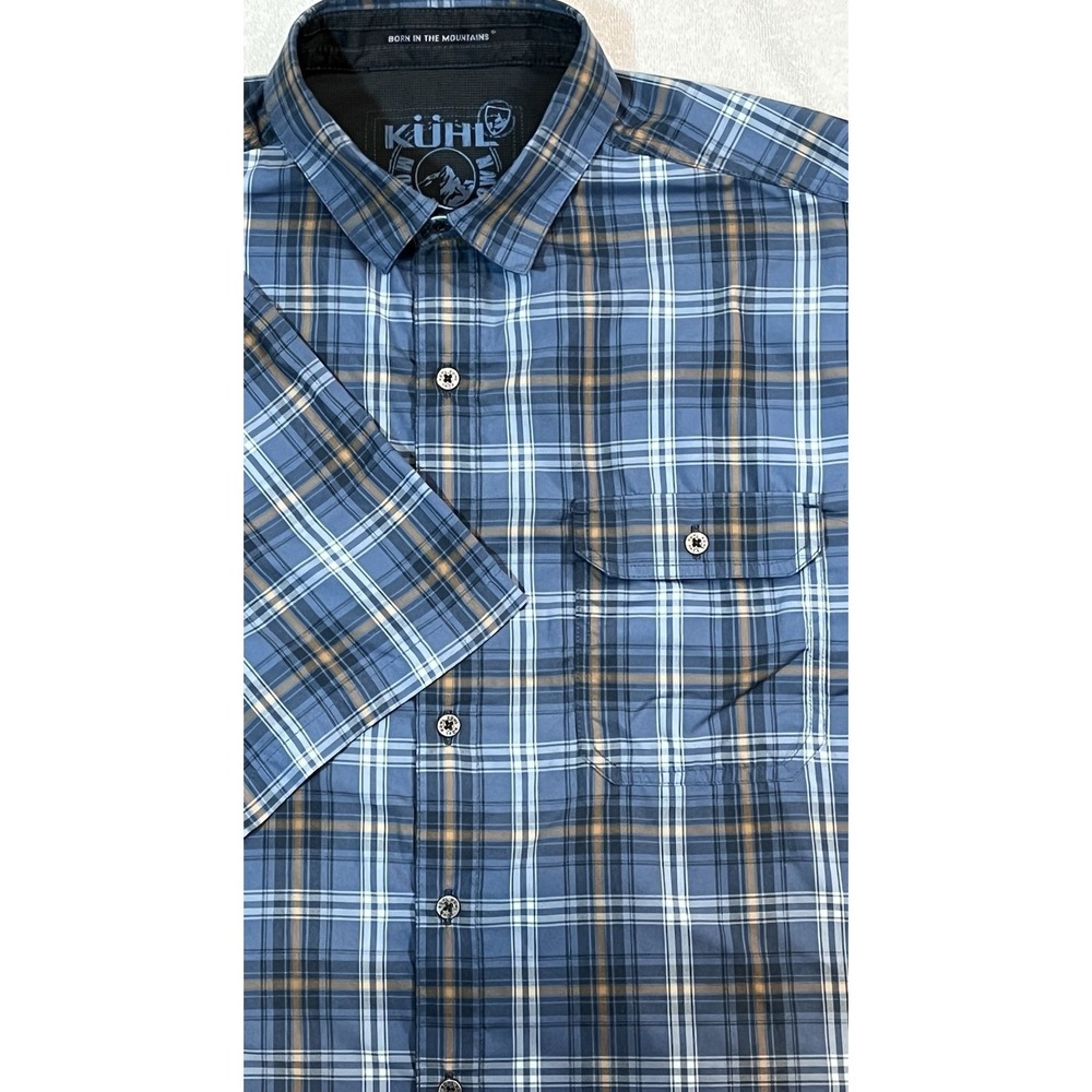 Kuhl Eluxur Short Sleeve Button Down Shirt Mens XL Mountain Grown Blue Plaid